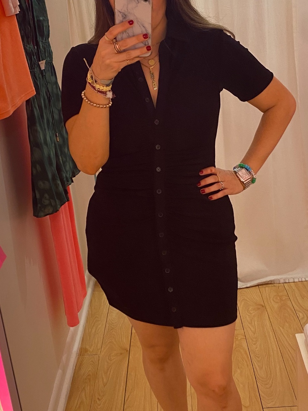 Black Short-Sleeve Button-Front Shirt Dress